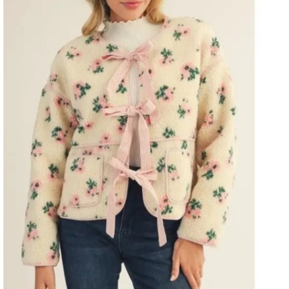 Cozy Floral Sherpa Ribbon Bow Jacket Tie Front Rosebud Cream Cottagecore Sm